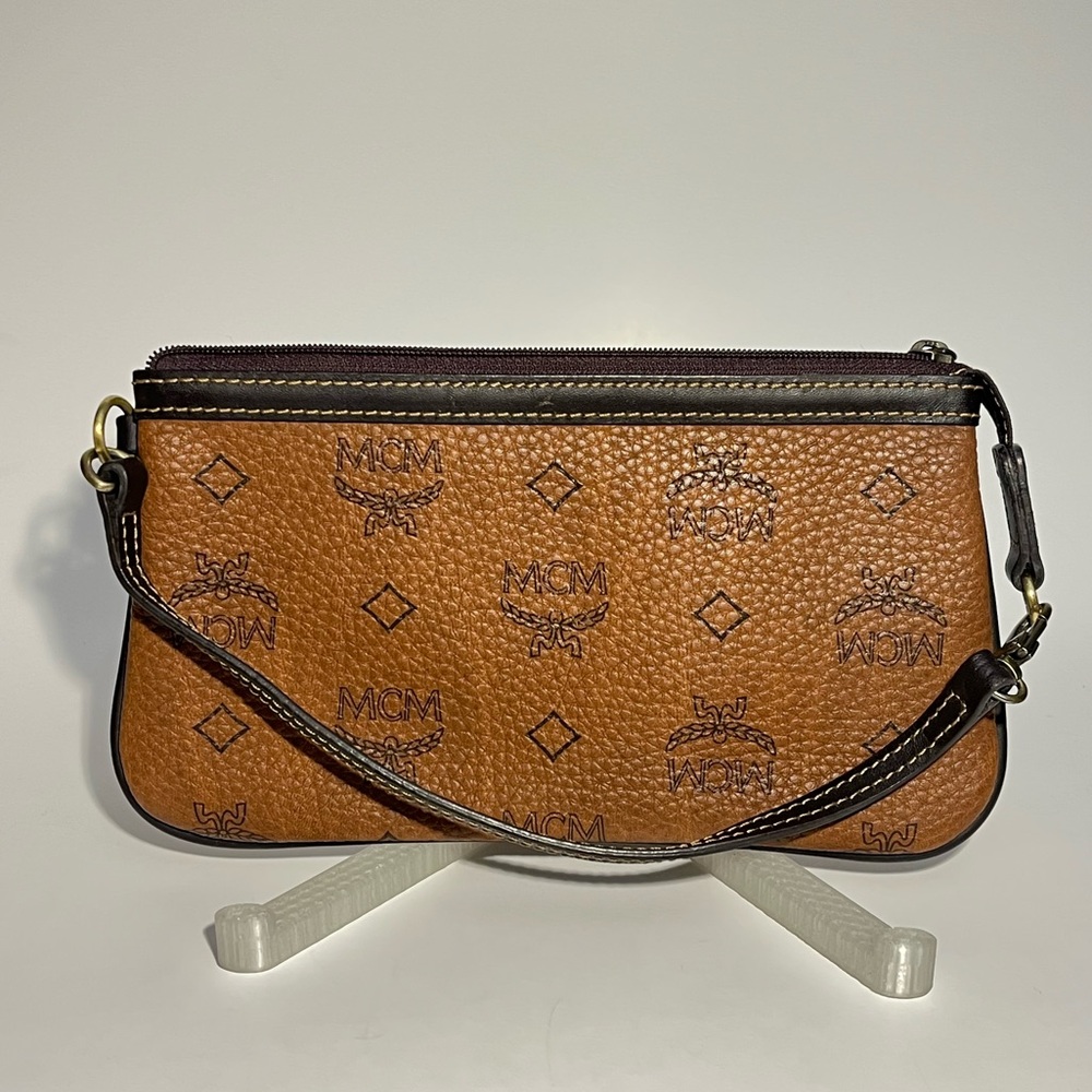 MCM Visetos Monogram Pochette Wristlet Cognac Convertible Strap Mini Bag